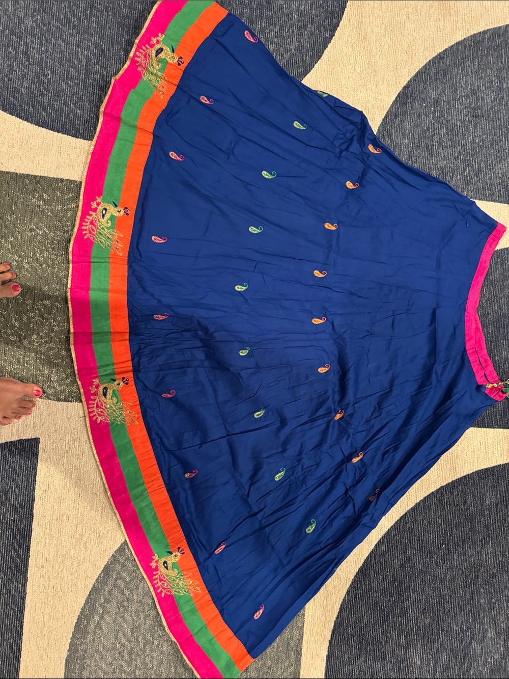 Girls Blue Embroidered Flared Dress with Multicolor Border